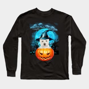 West Highland White Terrier Witch Hat Pumpkin And Blue Moon Long Sleeve T-Shirt